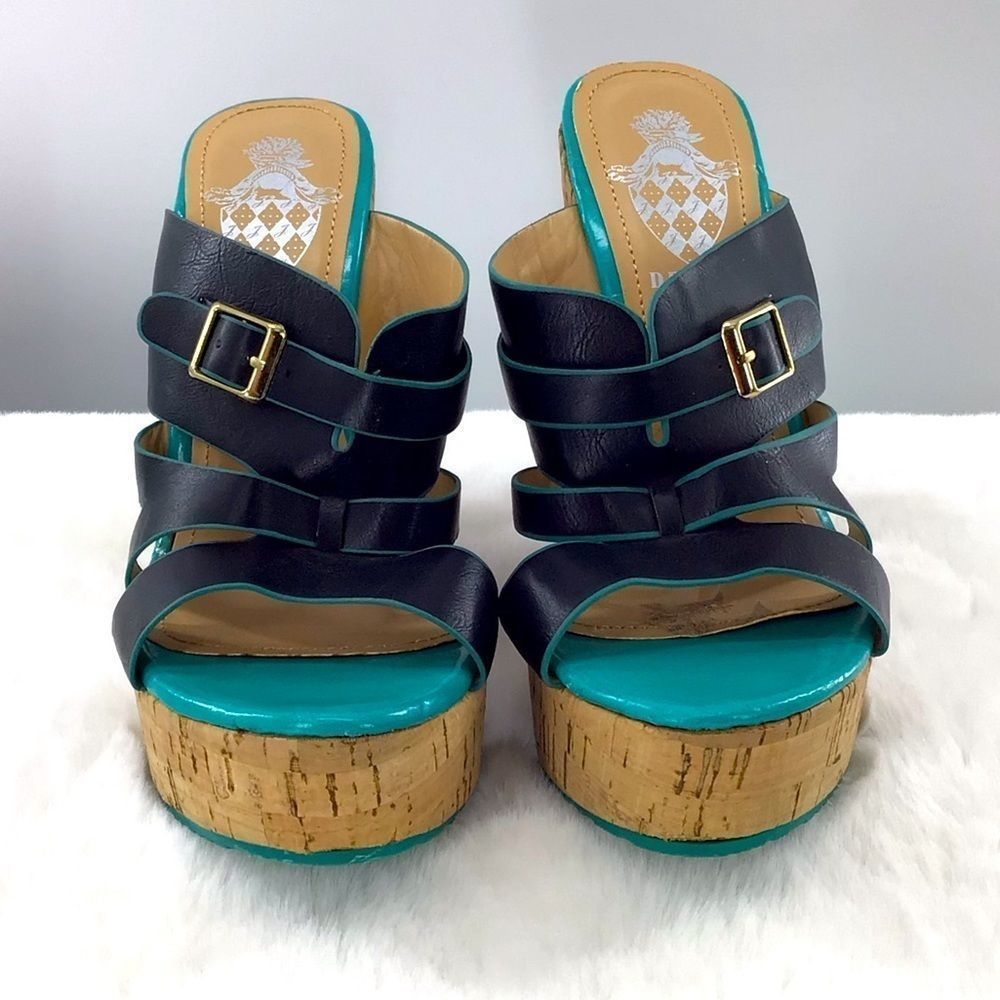 Design by Jacobies Wedge Cork Heels Black & Teal Excellent Used Condition Size 8